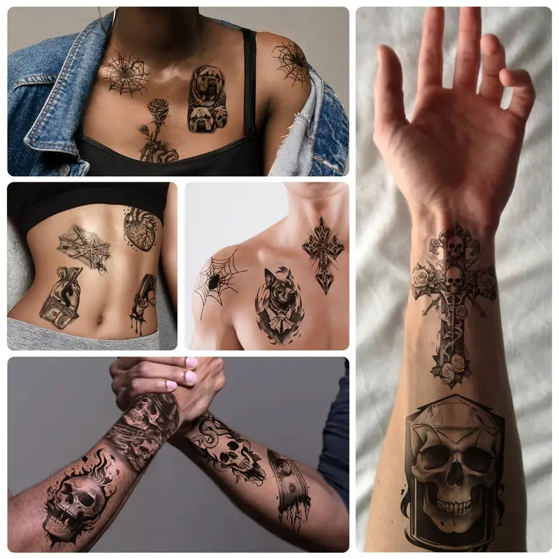 60 Sheets Black Temporary Tattoos - Skull, Spider & Snake Designs for Arms and Wrists