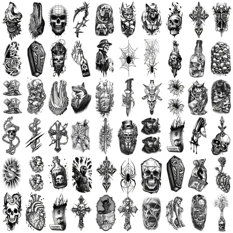 60 Sheets Black Temporary Tattoos - Skull, Spider & Snake Designs for Arms and Wrists